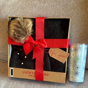 Lucky Brand Black Scarf and Beanie Gift Set with Tumbler
